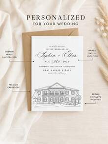 1pc Customized Venue Line Art Wedding Invitations, Personalized Wedding House Sketch Greeting Cards, Customized Text Wedding Venue Illustration Greeting Cards. - Multicolor - View 8