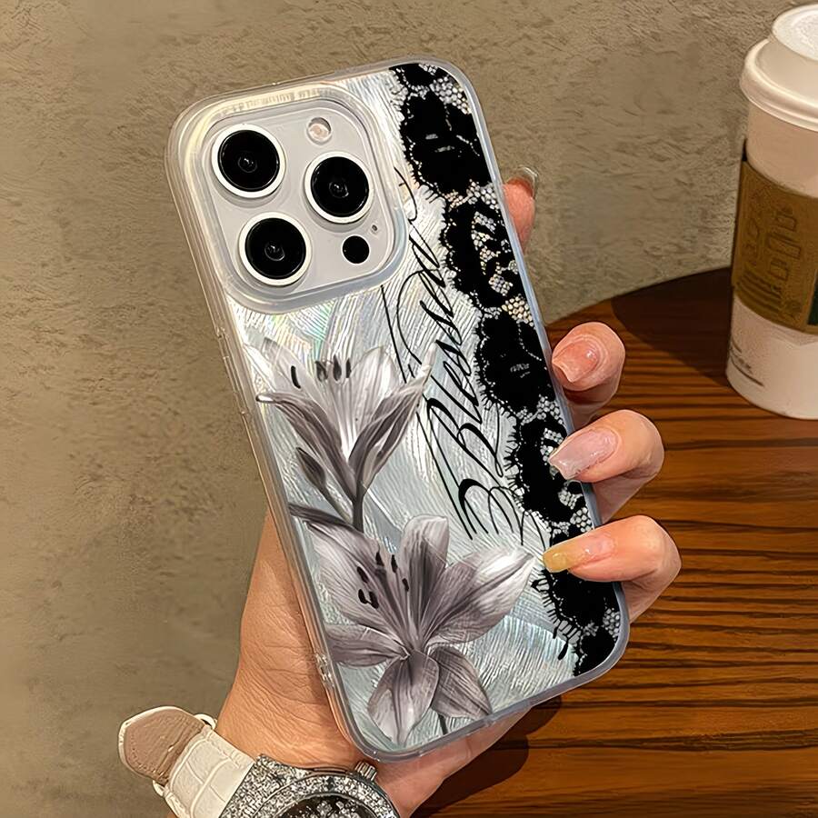 1 buah Casing Ponsel Jala Bulu dengan Perlindungan Lensa IMD, Anti Jatuh, Motif Renda Abu-abu Lily, Casing Ponsel Kustom yang Kompatibel dengan iPhone 16 Pro Max/17/16/15/14 Plus/13/12/11/Air dan Seri Lainnya - MultiWarna - View 1