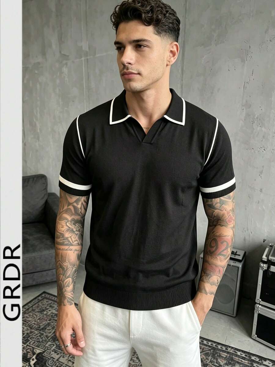 GRDR Men's New Striped Casual Knit Polo Shirt T-Shirt Short Sleeve Top - Black - View 1