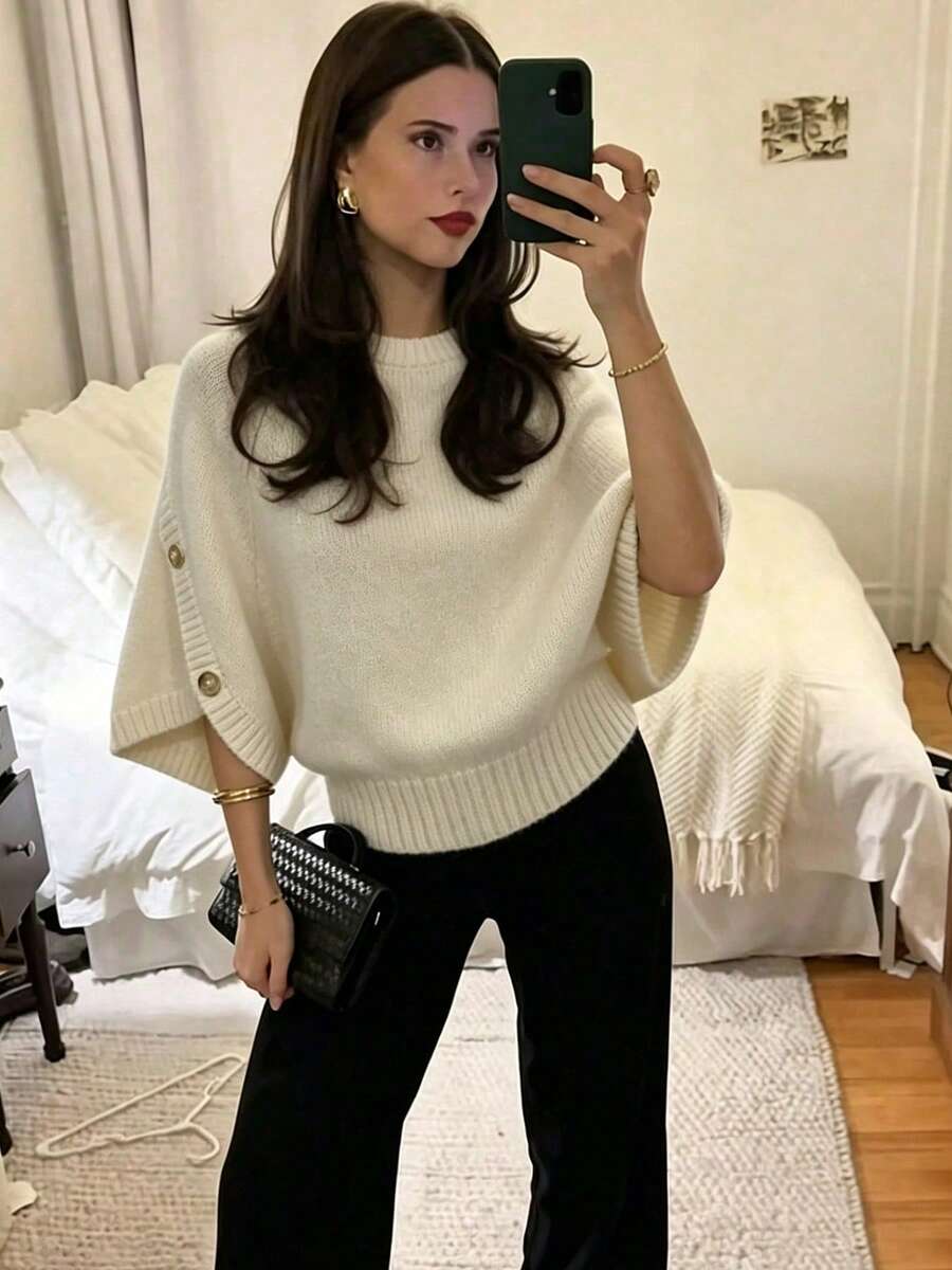 Women's Casual Autumn/Winter Solid Beige Round Neck Batwing Sleeve Knit Sweater With Button Design/Daily Commute Office Pullover - Apricot - View 1