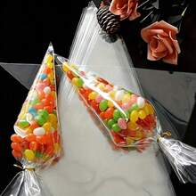 30/50/100/200pcs Transparent Plastic Cone-Shaped Candy Popcorn Bags With Gold Twist Tie, Triangle Candy Bags, Ice Cream Bags, Popcorn Bags, Various Small Snack Bags (With Twist Tie), Reusable Transparent Triangle Candy Bags Suitable For Party, Wedding, Birthday, Holiday Gift Packaging - View 3
