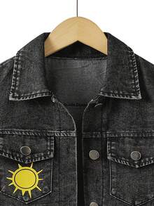 Tween Girls Y2K Style Denim Jacket And Coat, Big Tween Girl Retro Black Denim, Cartoon Rainbow Letter Print, Multi-Pocket Single-Breasted Open Front Lapel Long Sleeve Top, Suitable For Spring Summer Autumn Winter, Daily Wear, School, Commuting - Black - View 4