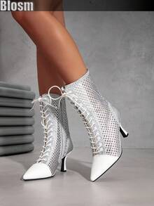 Blosm Damen Stiefeletten mit spitzer Kappe, Schnürung, Kontrastfarben und Cut-Out-Design, sexy Stiefeletten im europäischen Stil, einfarbig, knöchelhoch - Silber - Übersicht 4
