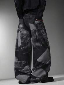 Men's American Street Jeans Digital Print Loose Wide Leg Casual Niche Design All Season Long Pants No Belt No Accessories - Black - View 6