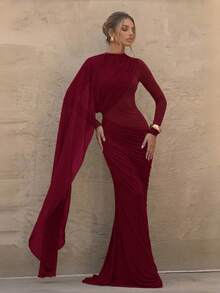 Solid Color Elegant Contrast Mesh Draped Evening Gown For Party And Formal Dinner - Burgundy - View 2