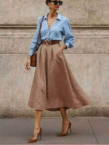 Women's Fashion Mid-Length A-Line Pleated Skirt, Non-Stretch Fabric, Suitable For Autumn Wear, Elegant Casual Style - Khaki - View 1