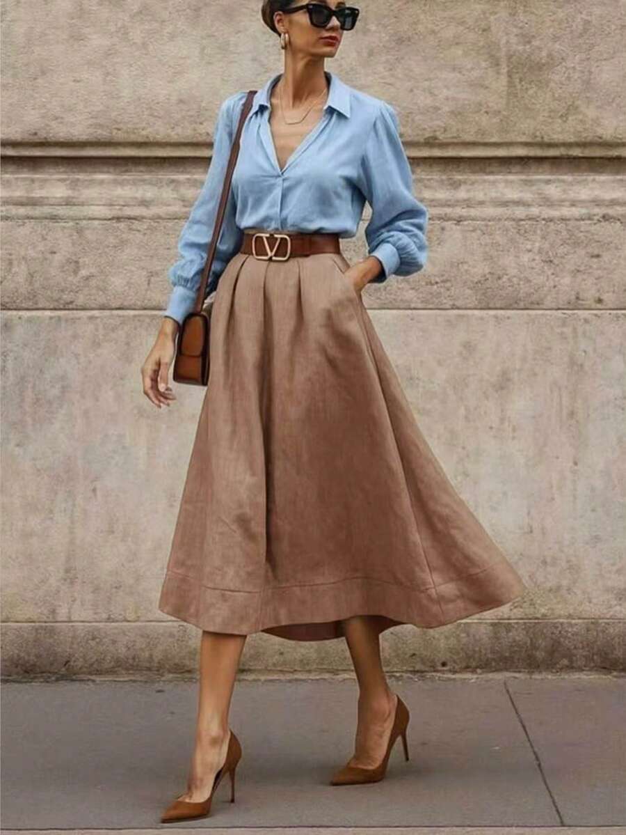 Women's Fashion Mid-Length A-Line Pleated Skirt, Non-Stretch Fabric, Suitable For Autumn Wear, Elegant Casual Style - Khaki - View 1