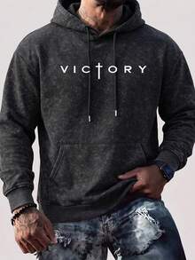男士水洗做舊連帽衛衣，秋冬款 VICTORY 字母印花休閒寬鬆版型袋鼠口袋套頭衫 - 黑色 - 查看 1