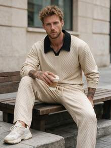 Men's Spring/Autumn Daily Commute Fashion Casual New Jacquard Polo Shirt And Long Pants Set - Khaki - View 2