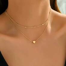2pcs/Set Fashion Double Layer Heart Pendant Necklace, Minimalist Gold Heart Necklace, Adjustable Size, Suitable For Women's Daily, Vacation, Work Wear, Exquisite Gift For Girls - Yellow Gold - View 2
