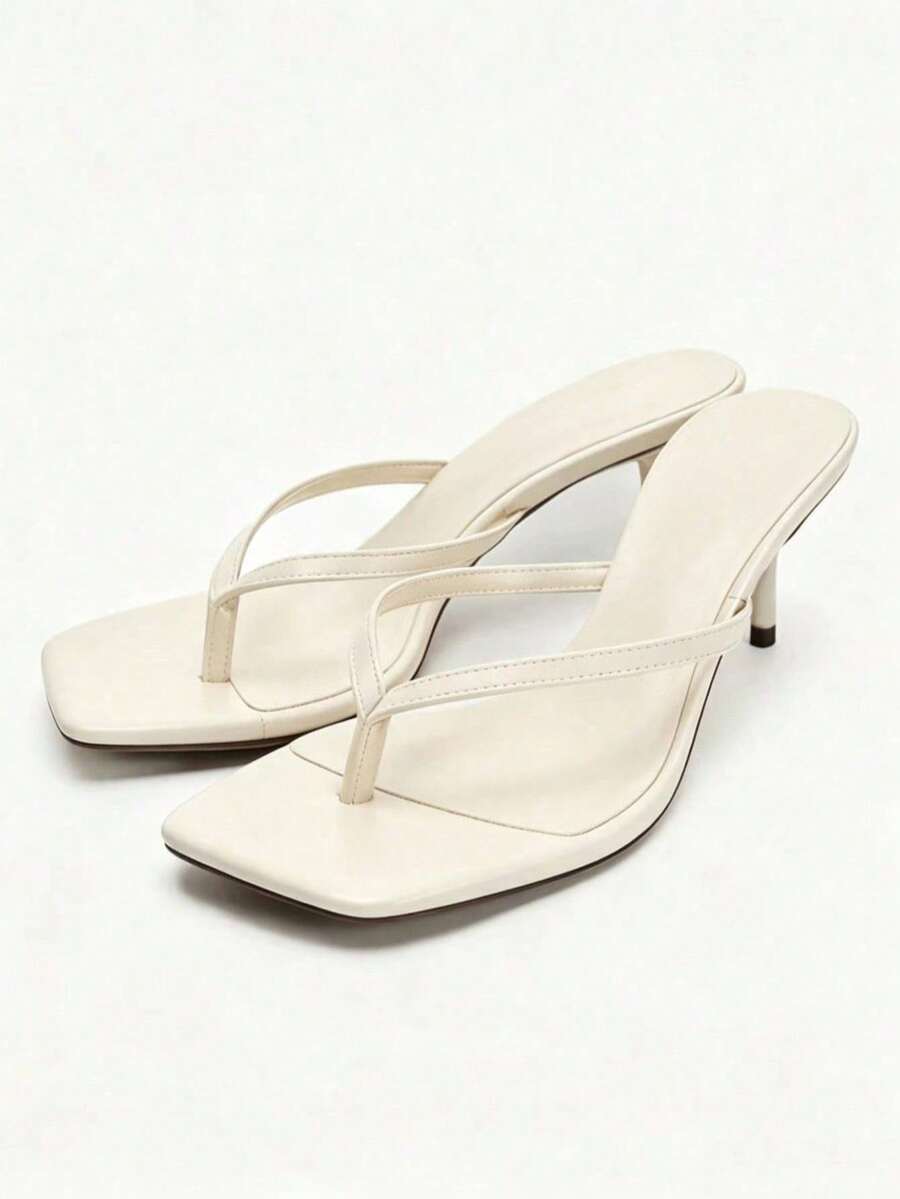 Off-White 女款方頭夾腳高跟涼鞋,夏季新款極簡細跟夾腳拖,百搭通勤戶外拖鞋,海灘度假涼鞋 - 白色 - 查看 1