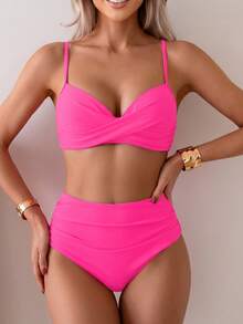 Summer Solid Color Elegant Bohemian Sweet Style Two Pieces Bikini Swimsuit Beach Holiday Set Vacation - Hot Pink - View 5
