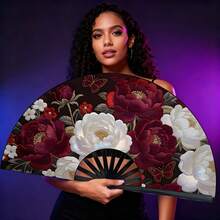 Women's Handheld Folding Fan, Dark Red Floral Butterfly Pattern Portable Folding Fan For Daily Use, Outdoor Activities, Travel, Gifts - Multicolor - View 3