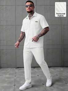 2pcs Men's Casual Set, Summer Short Sleeve Resin Button Collar Shirt And Drawstring Long Pants, Textured Polyester Fabric, Dual Pockets + Distinctive Logo, Classic Solid Color - White - View 2