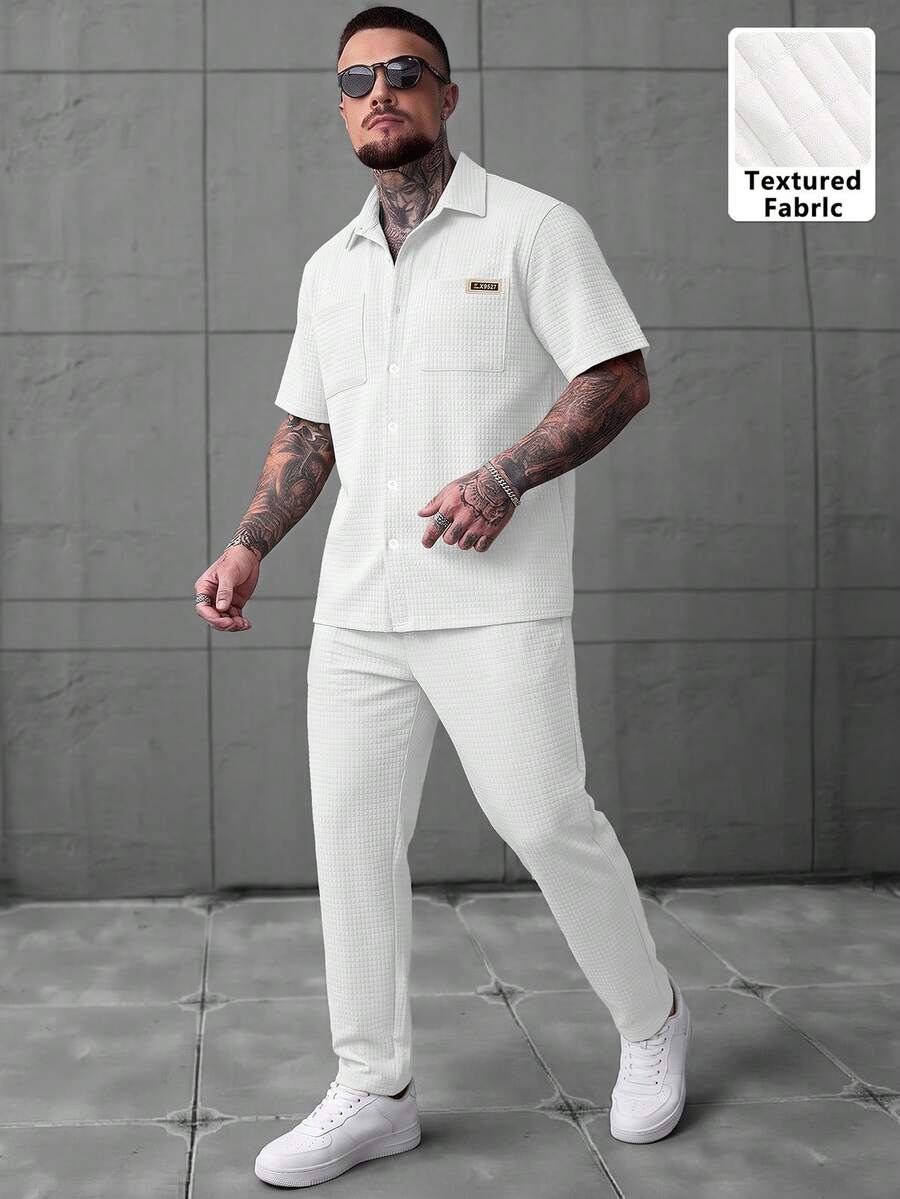 2pcs Men's Casual Set, Summer Short Sleeve Resin Button Collar Shirt And Drawstring Long Pants, Textured Polyester Fabric, Dual Pockets + Distinctive Logo, Classic Solid Color