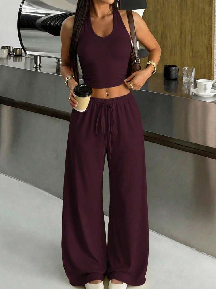 Unadoll Women's Autumn Burgundy Yoga 2 Pieces Set, Racerback Crop Top + Celana Panjang Longgar Lebar, Cocok Untuk Liburan, Gym Dan Pakaian Sehari-hari yang Elegan - Merah - View 7