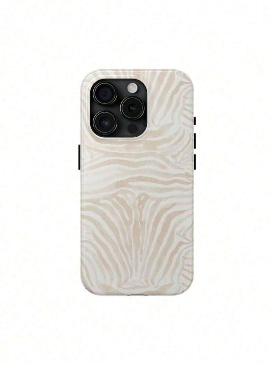 White Fashionable Shockproof Zebra-Pattern Beige Phone Case, Durable, Waterproof, Glossy Surface, Elegant Abstract Hard Case, Compatible, Spring Gift - 白色1 - 查看 1
