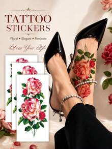 Red Rose Temporary Tattoo Stickers For Women, Elegant Floral Body Art Decals, Romantic Rose Flower Fake Tattoos, Luxury Botanical Tattoo Design, Waterproof Long Lasting Skin Decoration For Arm, Leg, Ankle, Shoulder - Multicolor - View 8