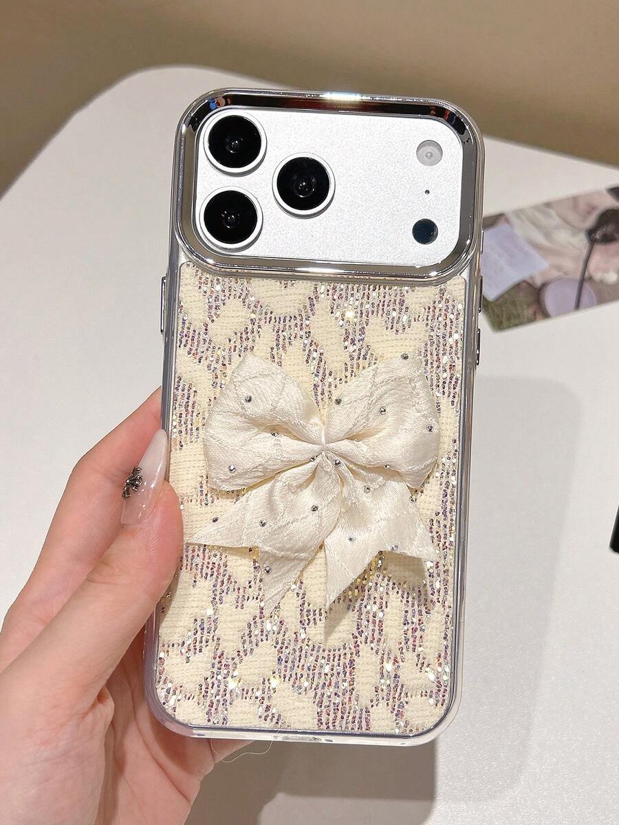 1 buah Casing Ponsel Berkilau Berlian Berlapis, Pita Berlian Imitasi 3D, Bingkai Lensa Jendela Besar Berlapis Elektroplating, Pelindung Tahan Guncangan, Cangkang Tekstur Payet Gaya Gadis Manis, Tepi Lembut Tahan Guncangan, Kompatibel Dengan Apple 17/16/15/14/13/12/11 Pro Max/Plus - Kuning - View 1
