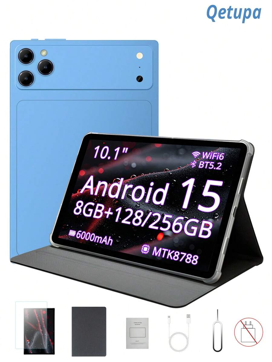 Qetupa Tablet Android 10,1 inci, dilengkapi dengan casing pelindung dan pelindung layar, RAM 8GB dan penyimpanan internal 128GB/256GB (mendukung ekspansi 1TB), prosesor octa-core MTK8788, layar sentuh 1280x800, kamera depan 5MP dan kamera belakang 13MP, baterai 6000mAh. - Baby Blue - View 1