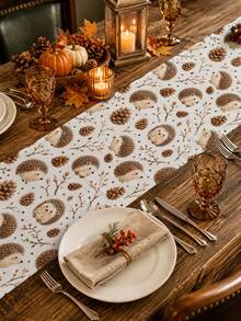Cute Cartoon Hedgehog Pine Cone Dry Branch Print Table Runner, Throw Pillow, Placemat, Autumn Harvest Theme Table Decor, Thanksgiving Autumn Home Dining Table Fabric, Family Gathering Kitchen Restaurant Tabletop Decoration - Multicolor - View 2