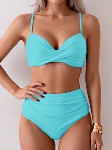 Summer Solid Color Elegant Bohemian Sweet Style Two Pieces Bikini Swimsuit Beach Vacation Set - Mint Green - View 5