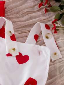 Set Baju Bayi Perempuan Lengan Panjang Bergaris Merah dengan Rumbai dan Lapisan Mengembang, Atasan Kaos + Rok Pendek Berenda Motif Hati Putih dengan Dua Lapisan dan Tali Pengikat + Ikat Rambut Pita yang Serasi, Set Musim Semi/Gugur yang Lucu - Merah - View 5