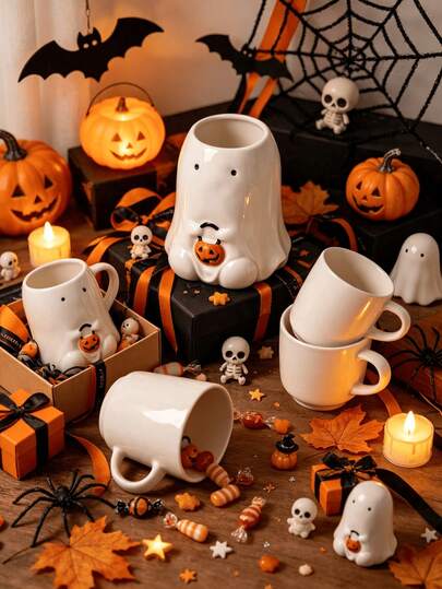 1PC 500ml Halloween 3D Ghost Shaped Ceramic Mug. Premium Solid Ceramic With Pumpkin Detail. Cute Spooky Ghost Design With Comfortable Handle. Great For Office Coffee, Household Use & Halloween Gifts.