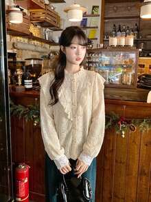 Vintage Style Stand Collar Long Sleeve Shirt With Textured Lace Details - Apricot - View 4