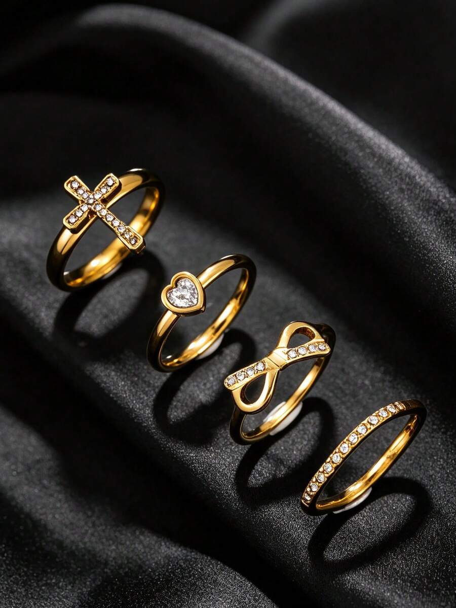 4pcs Exquisite 18K Gold Plated Stainless Steel Rhinestone Cross Heart Bow Rings For Women And Men, Daily Wear, Dating, Gift - Gold - View 1
