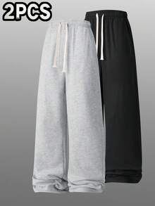 2pcs Men's Loose Wide Leg Sweatpants, Solid Color Versatile Drawstring Straight Leg Casual Sports Pants, Daily Commute Versatile Style - Multicolor - View 11
