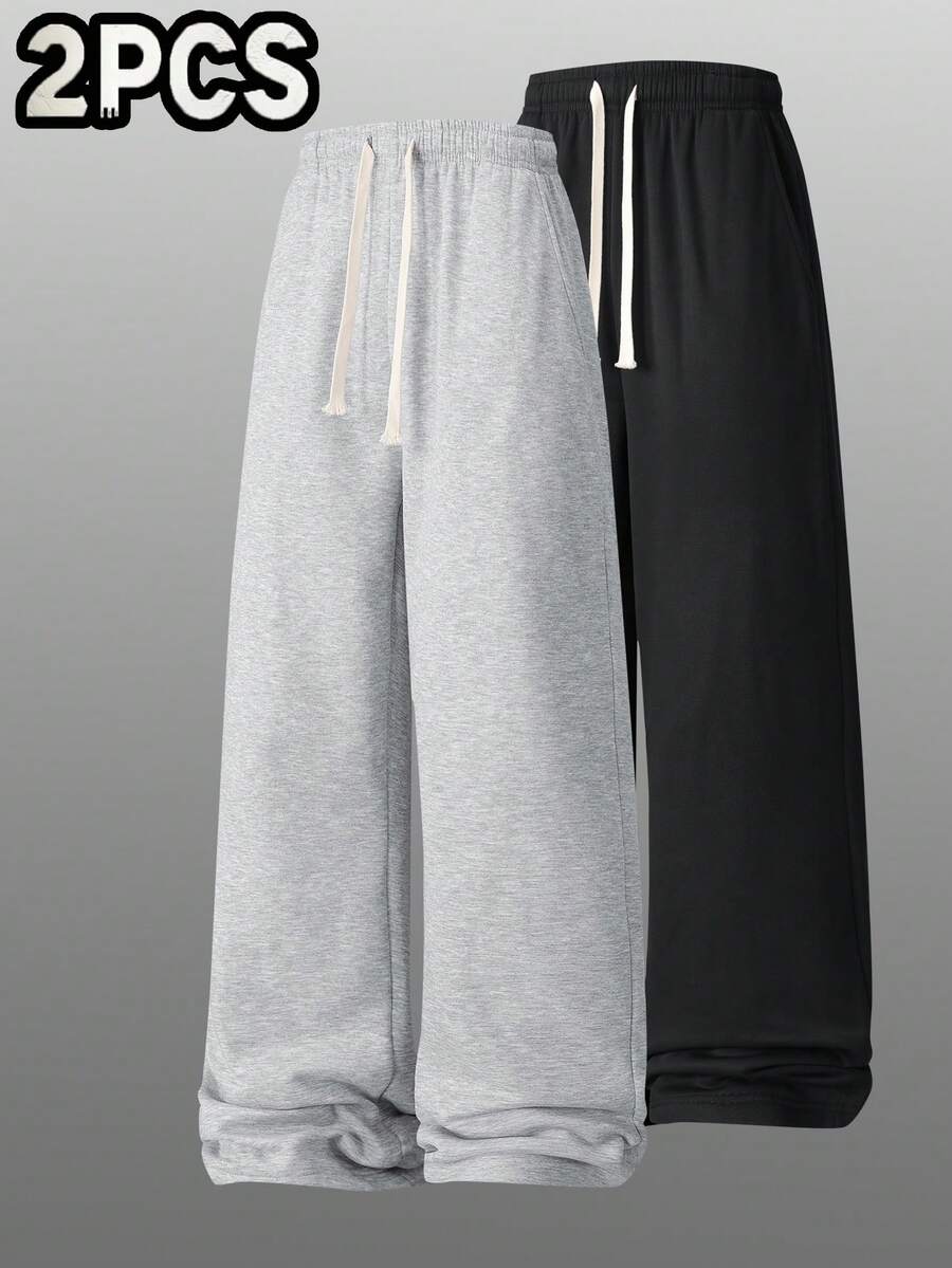 2 piezas Pantalones de chándal holgados de pierna ancha para hombre, unicolor versátil con cordón, pierna recta, pantalones deportivos casuales, estilo versátil para uso diario - Multicolor - Ver 1