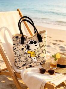 1pc Snoopy Print Yellow Canvas Tote Bag, Large Capacity Design, Suitable For Travel, Shopping And Daily Use, Ideal Gift For Birthday, Valentine's Day, Back To School And Graduation Season - A - View 7