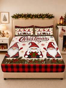 3PCS Winter Christmas Gnome Theme Atmosphere Bedding Set, (1PC Fitted Sheet + 2pcs Pillowcases, No Pillow Inserts,) Polyester Digital Print, Cartoon Gnome Christmas Pattern, Cartoon Cozy Christmas Non-Slip Bedding Set, Machine Washable, Bedroom Holiday Home Textile - Multi-color 1 - View 2