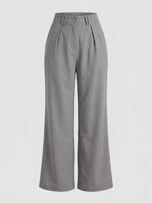 Women's Short Blazer & Wide Leg Pants 2 Pieces Set, Loose Fit Hidden Button Notch Lapel Office Casual Outfit - Grey - View 8