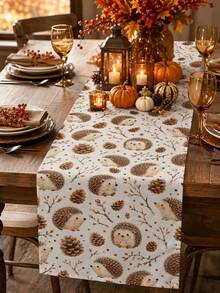 Cute Cartoon Hedgehog Pine Cone Dry Branch Print Table Runner, Throw Pillow, Placemat, Autumn Harvest Theme Table Decor, Thanksgiving Autumn Home Dining Table Fabric, Family Gathering Kitchen Restaurant Tabletop Decoration - Multicolor - View 1