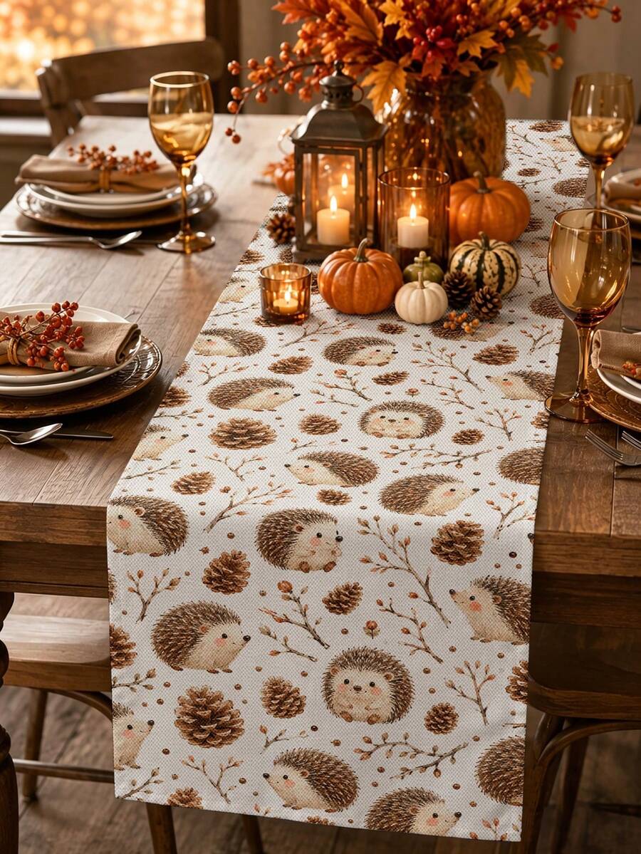 Cute Cartoon Hedgehog Pine Cone Dry Branch Print Table Runner, Throw Pillow, Placemat, Autumn Harvest Theme Table Decor, Thanksgiving Autumn Home Dining Table Fabric, Family Gathering Kitchen Restaurant Tabletop Decoration - Multicolor - View 1