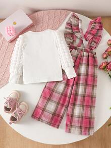 MYVLNA 2pcs/Set Girls White Long Sleeve Top With Pink Plaid Overall Pants, Round Neck, 3D Pleated Sleeves With Button Cuffs, Ruffle Straps And Bow Waist, Wide Leg, Sweet Preppy Style - Multicolor - View 3