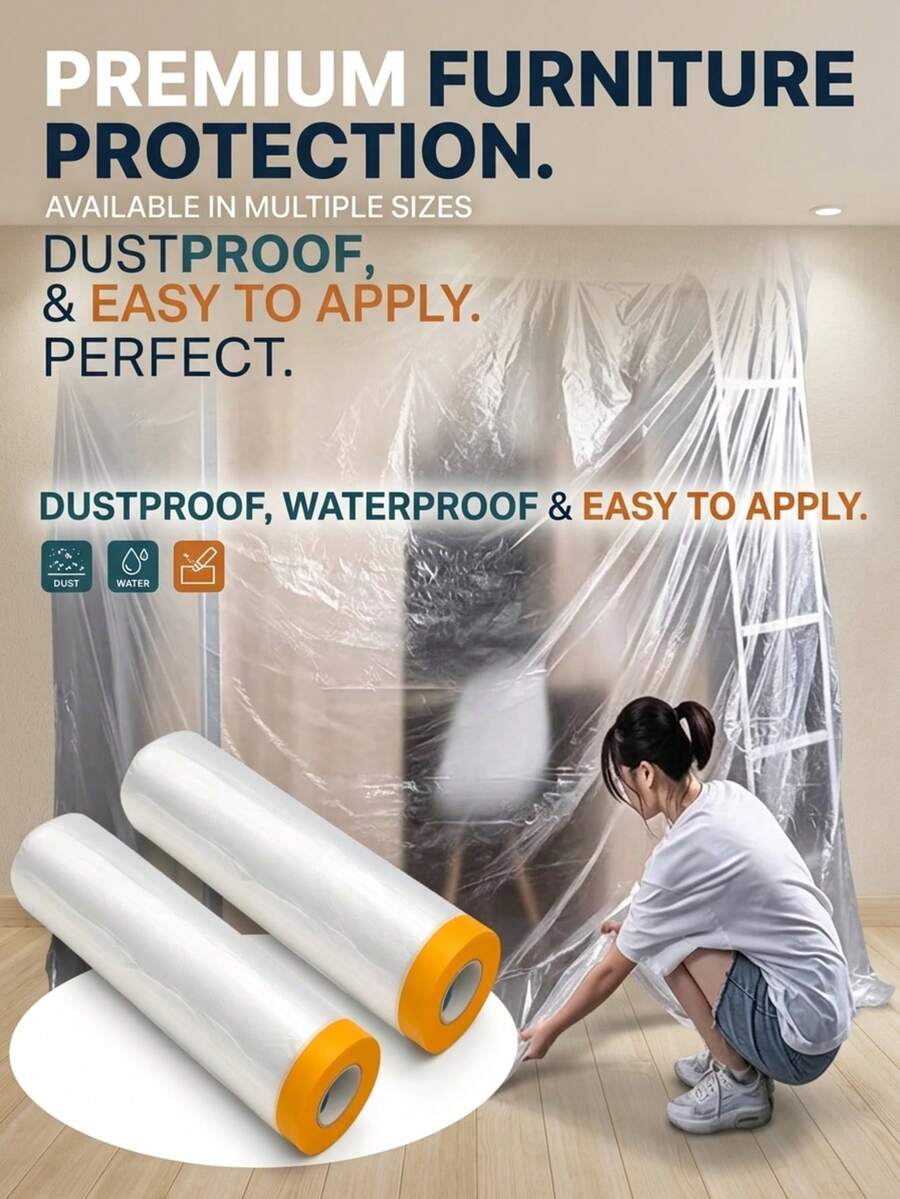 Self-Adhesive Transparent Dust Cover For Home, Extra-Large Elastic Tape-Style Dorm Plastic Film, Waterproof And Dustproof Furniture Cover - Waterproof, Odorless, Heavy-Duty PE Plastic Sheet, Suitable For Painting, Sanding, Car And Home Protection, Also Covers Bed, Sofa, Desk, Cabinet. Seamless Cover Versatile Room Decor Dust Cover, Dustproof And Moisture-Proof Whole House Home Decor Protective Cover, Invisible Flat Wall Decor Dust Cover, Waterproof And Moisture-Resistant Bathroom Decor Dust Cover, Soft-Touch Dust Cover For Autumn Seasonal Decor, Creative Atmosphere Halloween Decor Dust Cover, Random Style.