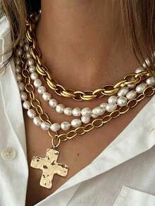 4 pièces/1 pièce Collier multi-couches croix & perles style bohème minimaliste élégant vintage pour femmes, convient pour le port quotidien, les fêtes, les rendez-vous, les mariages et les cadeaux - Doré - Voir 2