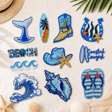 1pc Blue Summer Sequin Iron On Patches Tropical Beach Ocean Embroidered Applique Pink Patches For Hats, Clothes, Bags, Jackets, Backpacks, Vacation Decor - Blue - View 2