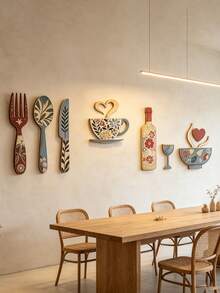 7/1pc Creative Wooden Wall Decor Set, Includes Fork, Home Wall Decor, Coffee Cup And Wine Glass Design! Suitable For Kitchen, Cafe, Restaurant, Bar Wall Decoration, Creative Background, Home Decor Sign, Housewarming And Holiday Gift - Multicolor - View 3
