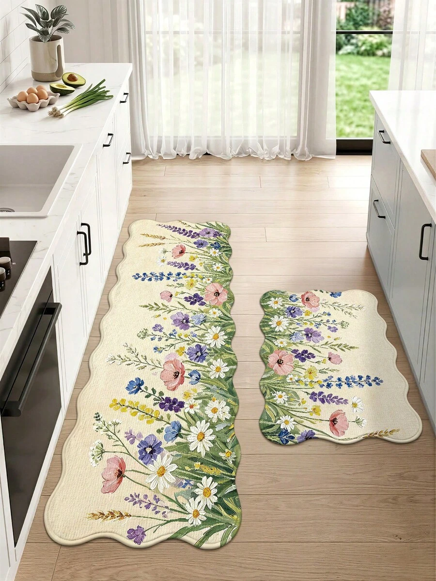 DAJIANG 1pc Floral Long Runner Rug, Suitable For Bathroom, Kitchen, Outdoor, Hallway, Bedroom, Living Room, Machine Washable Easy To Clean Entryway Mat, Non-Slip Bedroom Decor Carpet Accessory