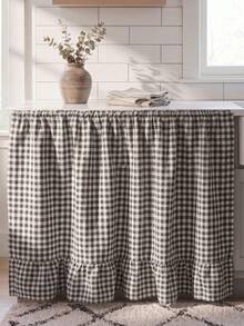 1pc Black & White Plaid Table Skirt, Modern Minimalist Style, Rectangular With Ruffle Edge And Pleated Details, Concealing Storage And Decorative Function, Suitable For Kitchen Island And Home Decor - Black - View 10