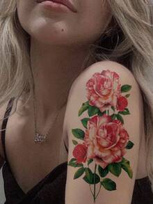 Red Rose Temporary Tattoo Stickers For Women, Elegant Floral Body Art Decals, Romantic Rose Flower Fake Tattoos, Luxury Botanical Tattoo Design, Waterproof Long Lasting Skin Decoration For Arm, Leg, Ankle, Shoulder - Multicolor - View 5