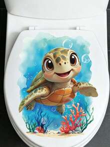 1pc Cartoon Turtle Toilet Lid Sticker, Underwater Coral Bubble Pattern, Creative Self-Adhesive Bathroom Decor Sticker, Cute Little Turtle Ocean Toilet Sticker, Underwater Background Pattern, PVC Self-Adhesive Removable Wall Sticker, Suitable For Children's Room, Bathroom Wall, Etc. - Multicolor - View 4