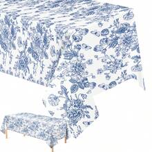 4-Piece/1-Piece Blue Floral Plastic Rectangular Tablecloth, Disposable Blue Floral Party Tablecloth Suitable For Weddings, Buffets, Proposal Parties, Birthday Parties 54*104 Inches - Blue - View 1