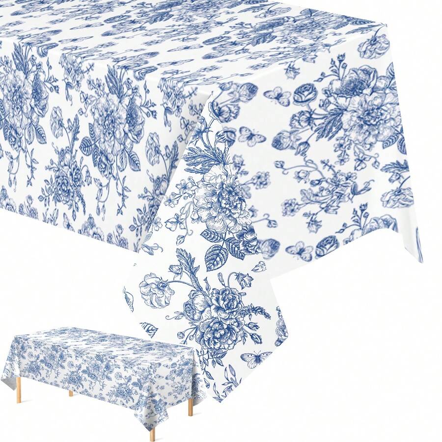 4-Piece/1-Piece Blue Floral Plastic Rectangular Tablecloth, Disposable Blue Floral Party Tablecloth Suitable For Weddings, Buffets, Proposal Parties, Birthday Parties 54*104 Inches - Blue - View 1