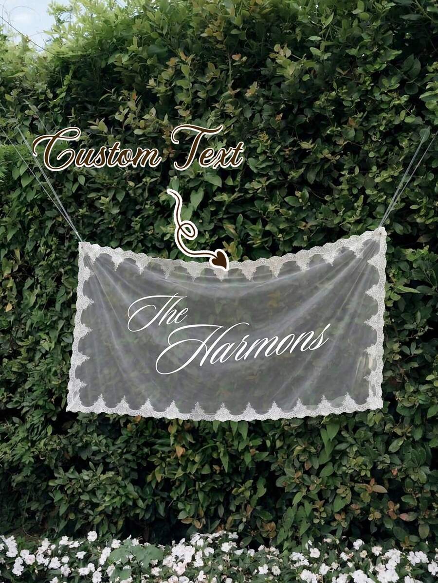 Custom Sideways Last Name Wedding Sign, Sheer Lace Fabric Backdrop, Boho Wedding Hanging Decor, Welcome Entrance - Multicolor - View 1