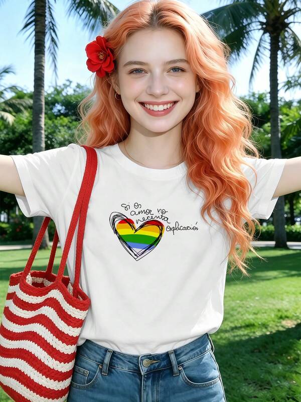 Camiseta con estampado de corazón arcoíris LGBT. Tejido de calidad, cómoda, corte informal, estampado artístico.